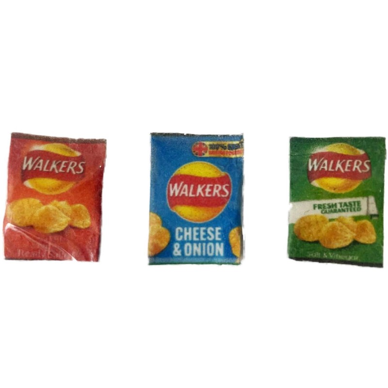 Dolls House 3 Crisp Packets Crisps Potato Chips Miniature Snack Food Shop Kitchen Accessory