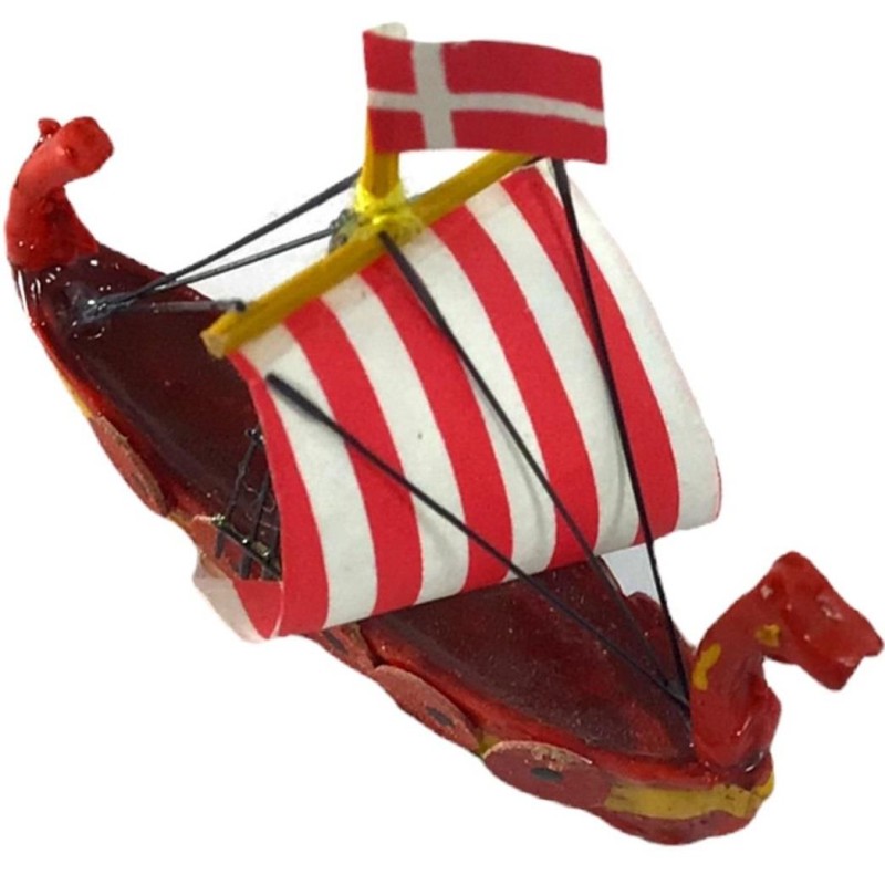 Dolls House Red Striped Drakkar Longship Viking Sail Boat Ornament Accessory