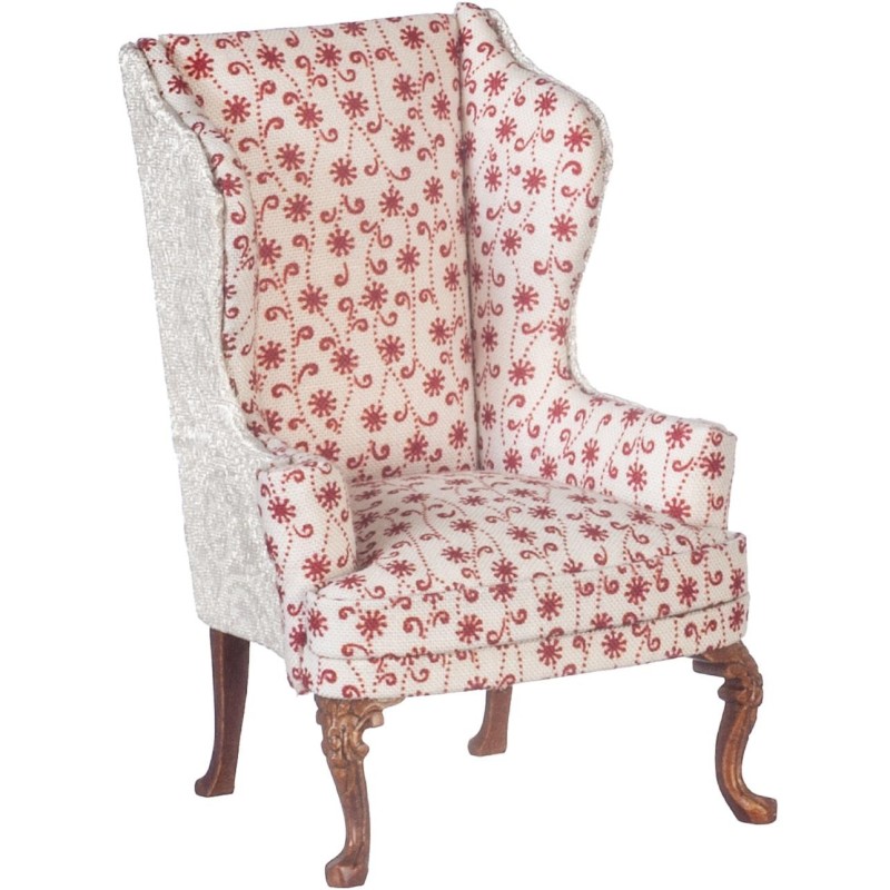 Dolls House Wing Back Armchair Red Floral Chair JBM Walnut Living Room Furniture