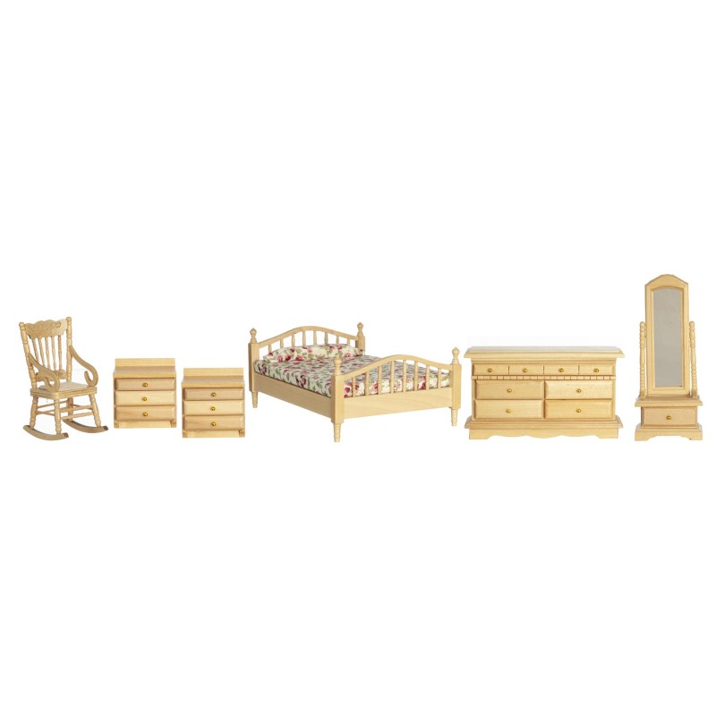 Dolls House Master Bedroom Furniture Set Light Oak w Bow Spindle Bed 6 Pieces