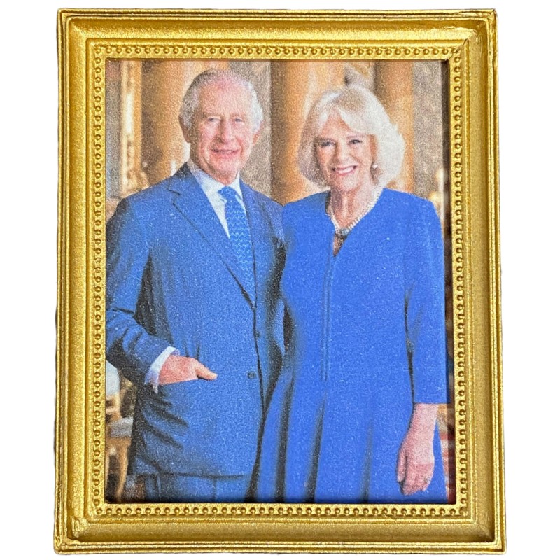 Dolls House King Charles III & Queen Camilla Picture in Blue Drawing Room Framed