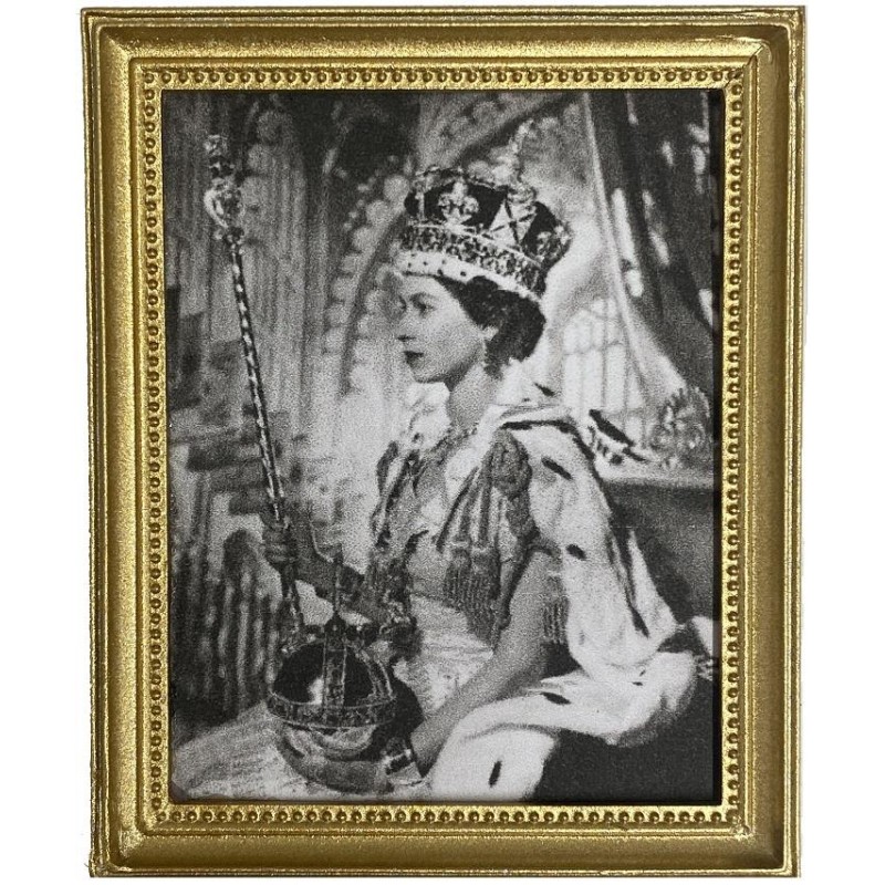 Dolls House Queen Elizabeth II Coronation Portrait B&W Picture 1:12 Gold Frame
