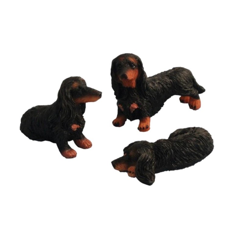 Dolls House Dachshund Dogs Long Haired Standing Sitting & Lying Down Black Pets