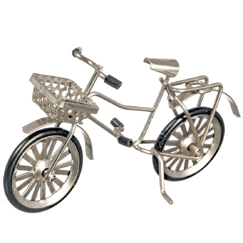 Dolls House Silver Bike Bicycle with Basket Metal Garden Outdoor Accessory 1:12