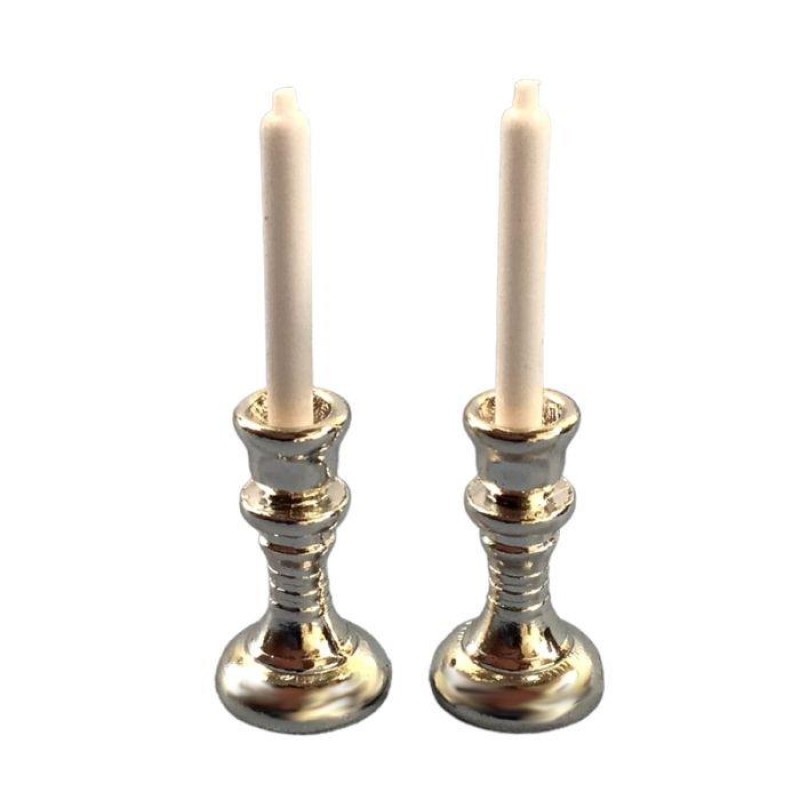 Dolls House Silver Candlesticks & White Candles Dining Ornament Accessory