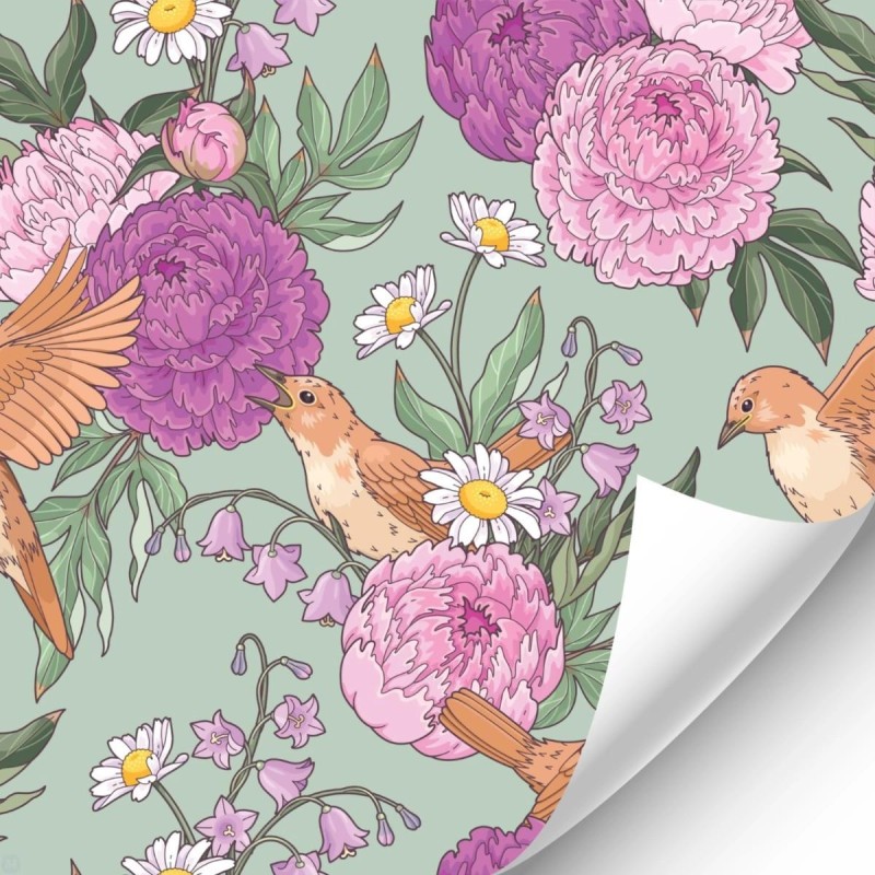 Dolls House Wallpaper Birds & Pink Purple Flower Design Miniature Print 1:12 Dolls House Wallpaper Birds & Pink Purple Flower Design Miniature Print 1:12