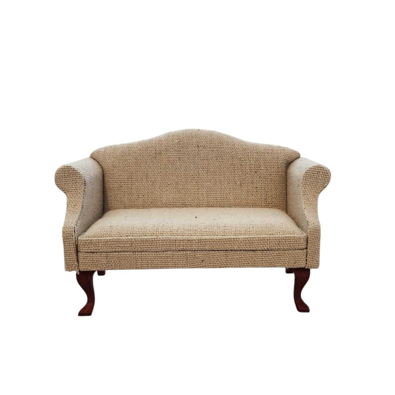 Dolls House Sofa Mahogany Wood Hessian Fabric Queen Ann Living Room Furniture