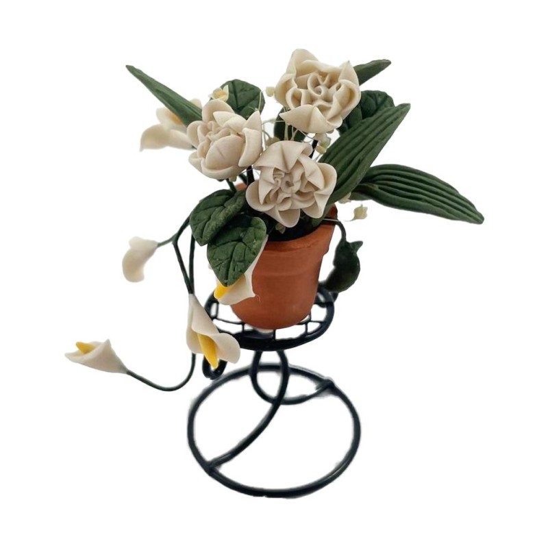Dolls House White Flowers in Terracotta Pot on Plant Stand Garden Accessory