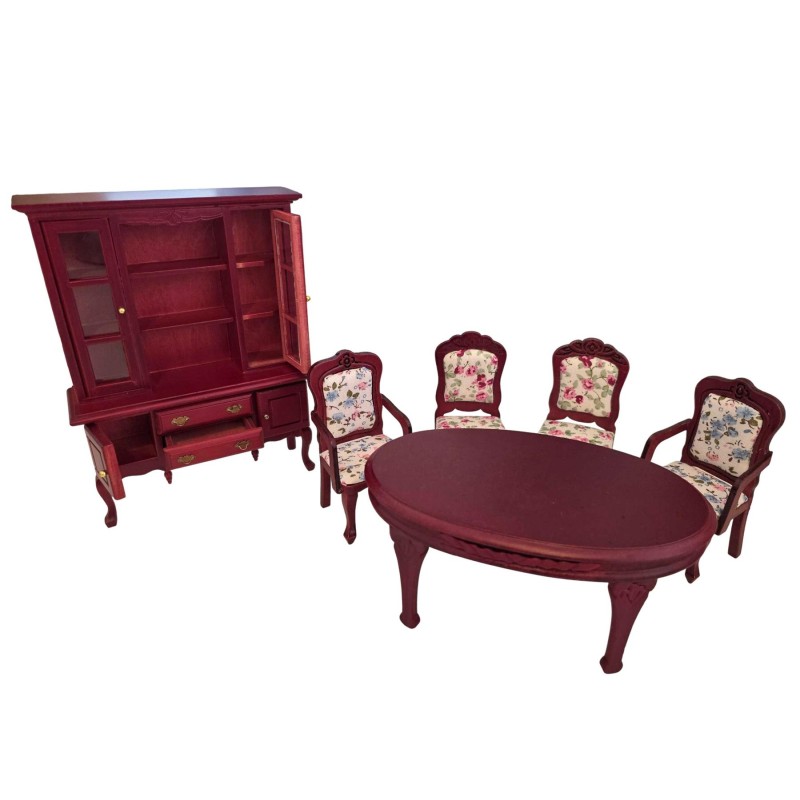 Dolls House Dining Room Furniture Set Victorian Style Mahogany & Chintz Suite