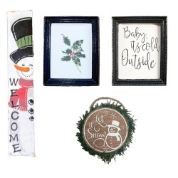Christmas Accessory Set Dolls House Snowman Porch Sign Wreath & 2 Pictures