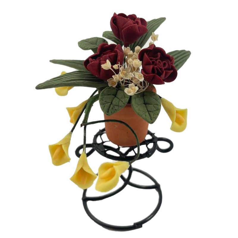 Dolls House Red Yellow Flowers in Terracotta Pot on Plant Stand Garden Accessory