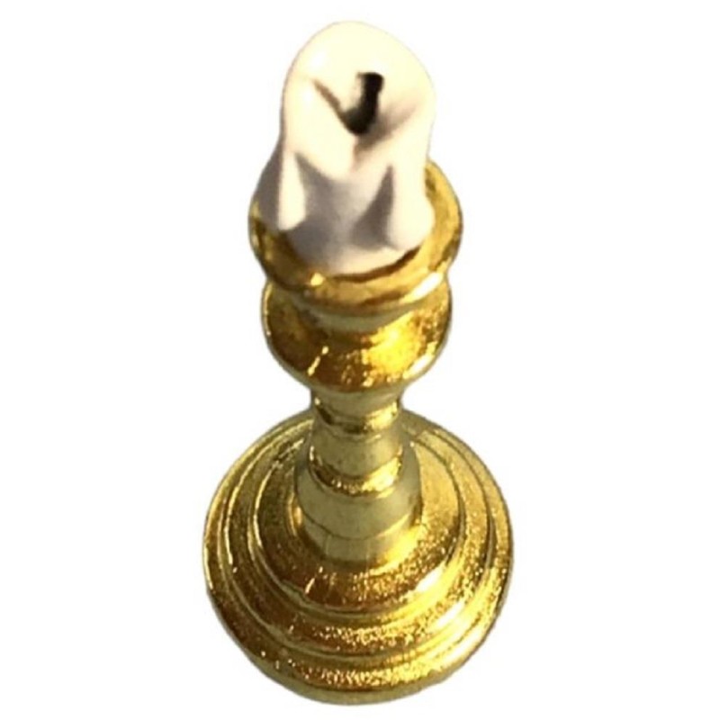 Dolls House Pillar Candle on Tall Gold Candlestick Ornament Church Accessory