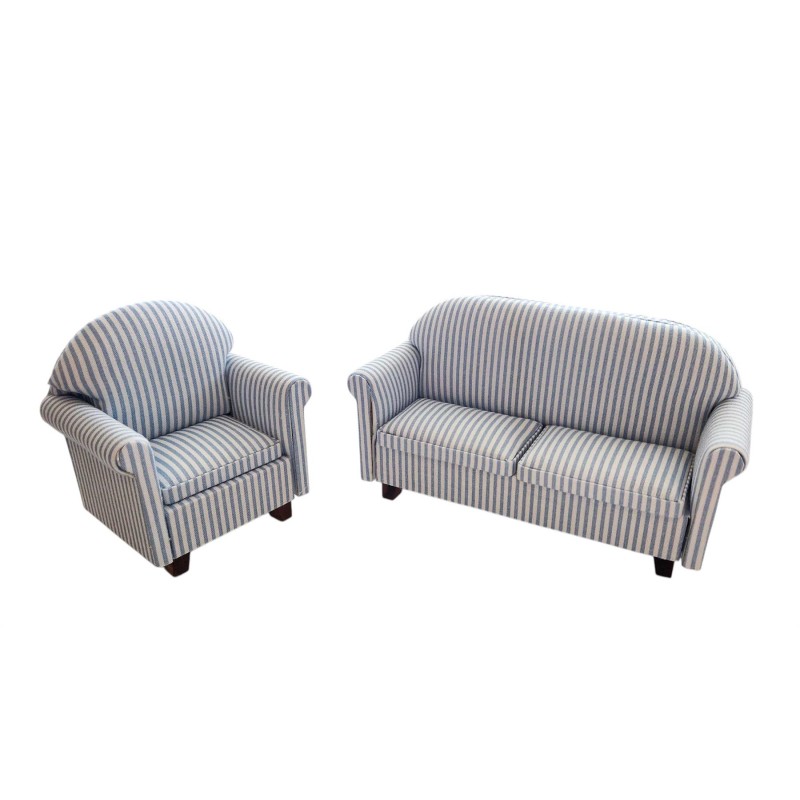 Dolls House Blue Striped Sofa & Armchair Modern Living Room Furniture Set 1:12