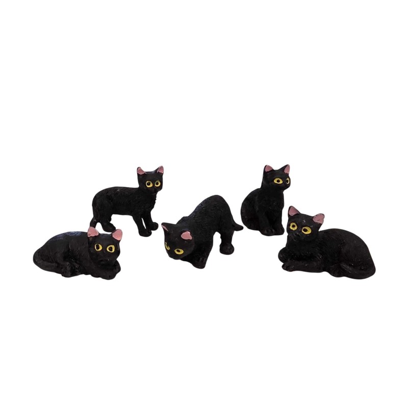 Dolls House 5 Black Cats Sitting Standing Lying 1:12 Pets Halloween Accessory