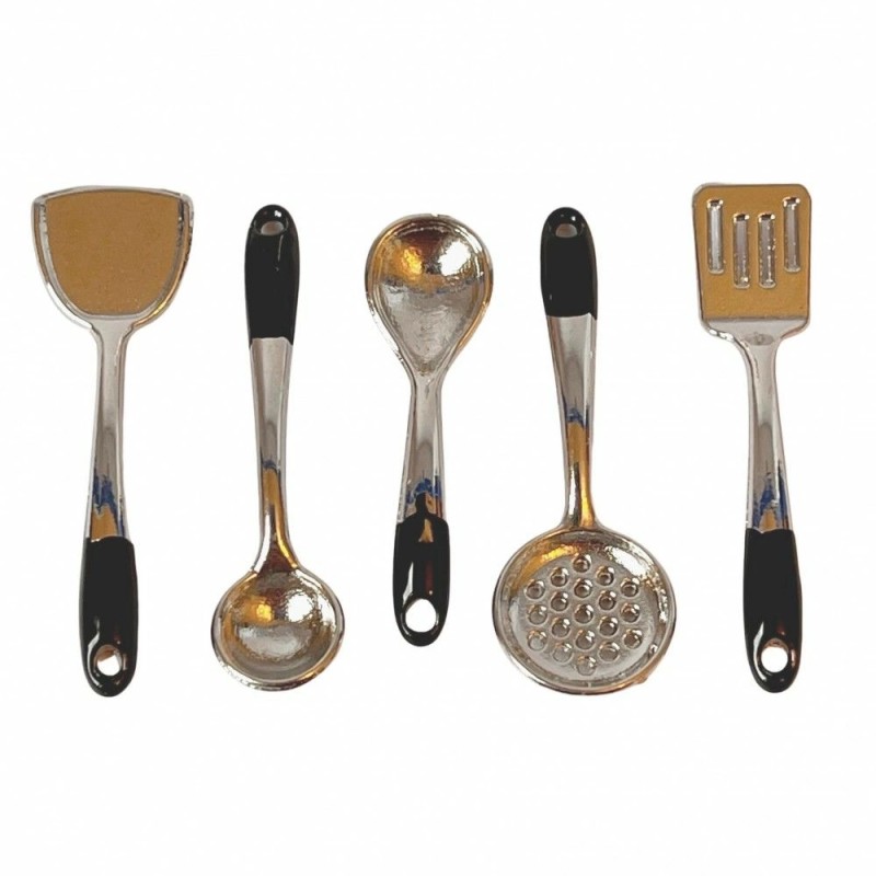 Dolls House Utensils on Stand Chrome Kitchen Accessory Miniature 1:12 Scale