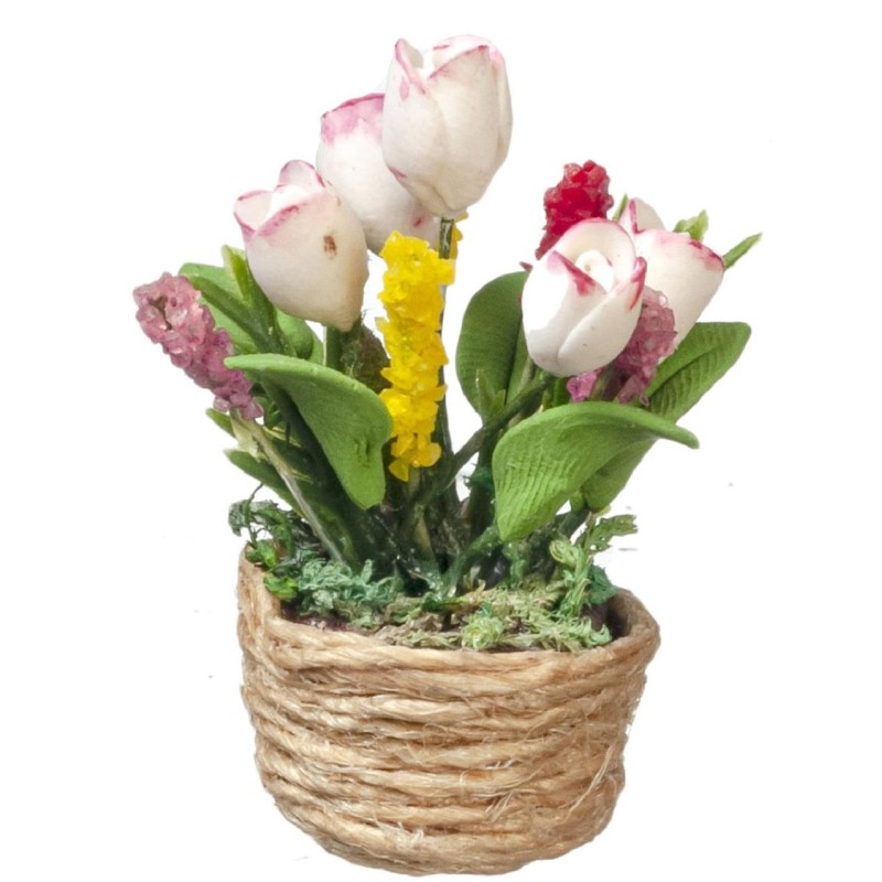 Dolls House Tulips in Rope Basket Miniature Flowers in Pot Home Garden Accessory