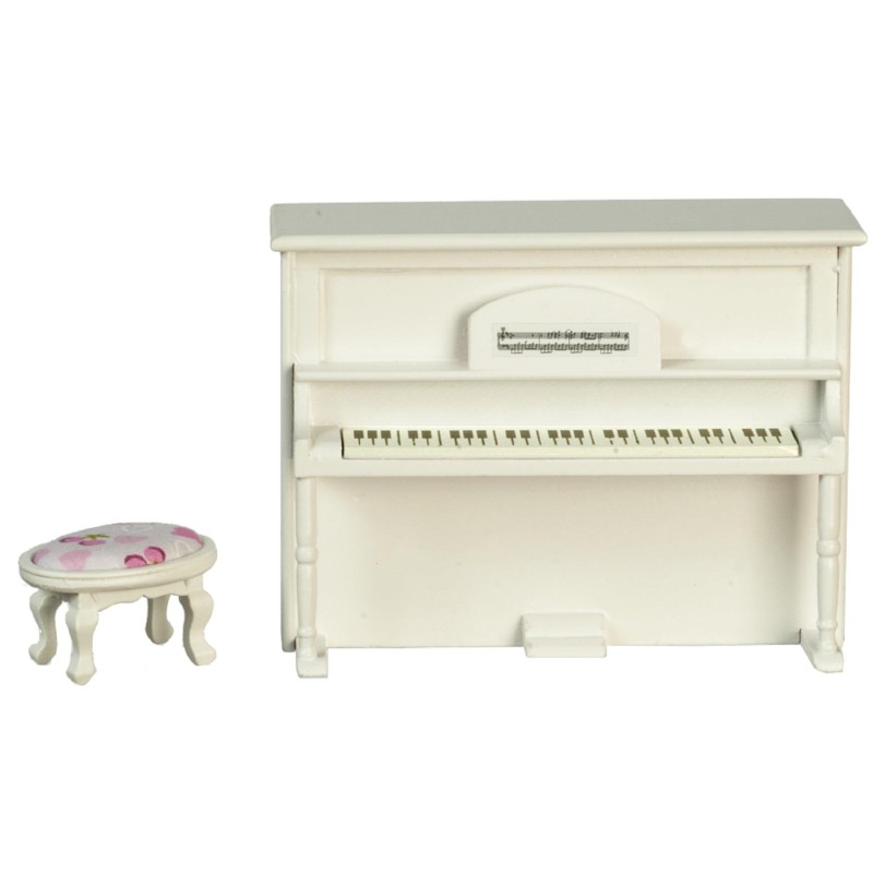 Dolls House White Upright Piano & Floral Bench Miniature Music Room Furniture