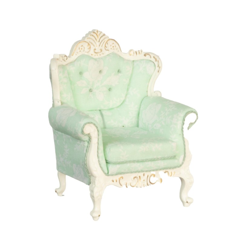 Dolls House Rococo Armchair White & Green JBM Miniature Living Room Furniture