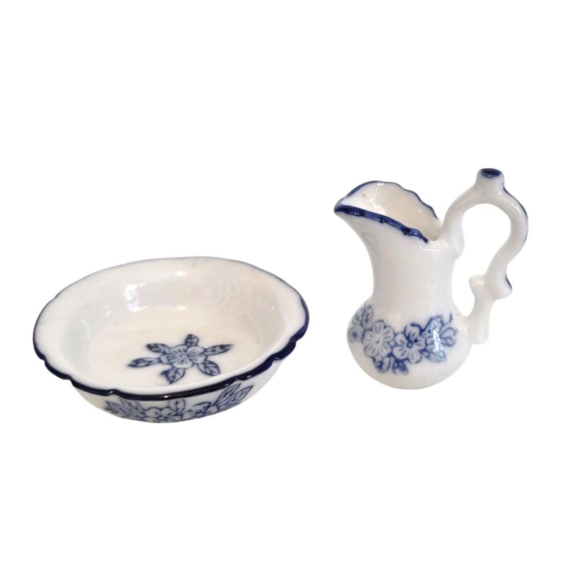 Dolls House Jug & Bowl Wash Basin & Pitcher Porcelain Blue & White Dolls House Jug & Bowl Wash Basin & Pitcher Porcelain Blue & White