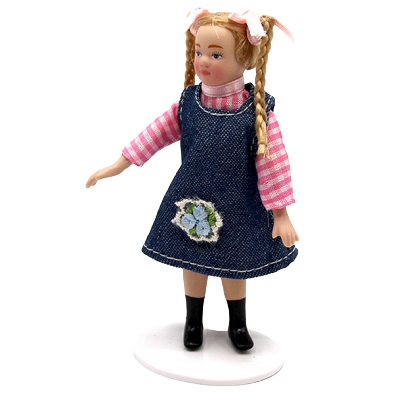 Dolls House Little Girl Blonde in Denim Dress Modern Figure Porcelain People