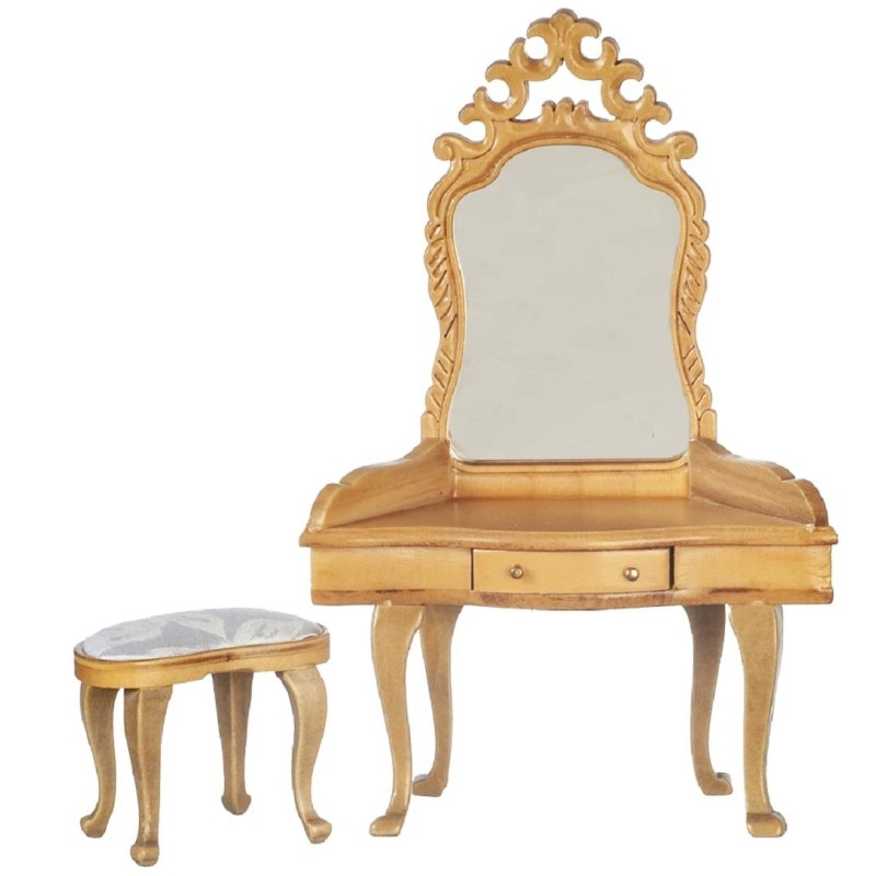 Dolls House Vanity Dressing Table & Stool Light Oak Miniature Bedroom Furniture