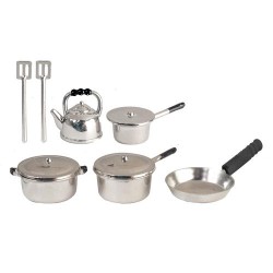 Dolls House Chrome Saucepan Set Metal Pans & Kettle Cookware Kitchen Accessory