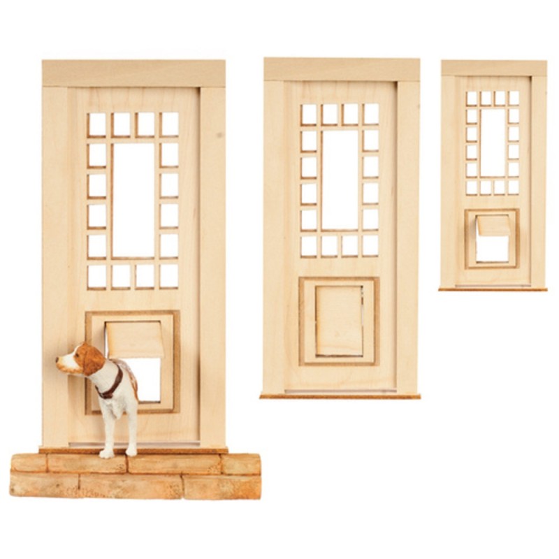 Dolls House Back Door with Pet Flap 2 Panel 17 Window Panes Wooden 1:12 Scale