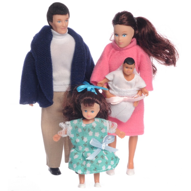 Dolls House Modern Brunette Family of 4 People Mum Dad Daughter Baby 1:12 Scale
