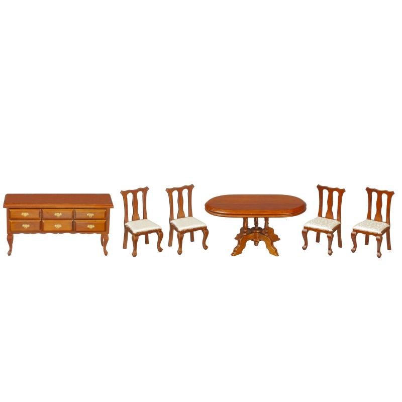 Dolls House Victorian Walnut Dining Furniture Set with Oval Pedestal Table 1:12