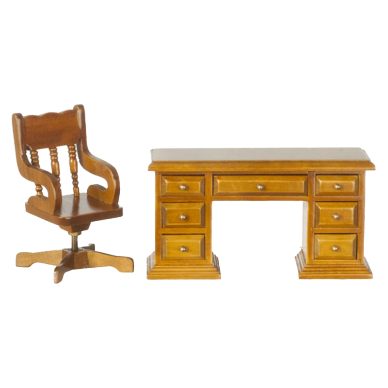 Dolls House Walnut Kneehole Library Desk & Chair 1:12 Office Study Furniture