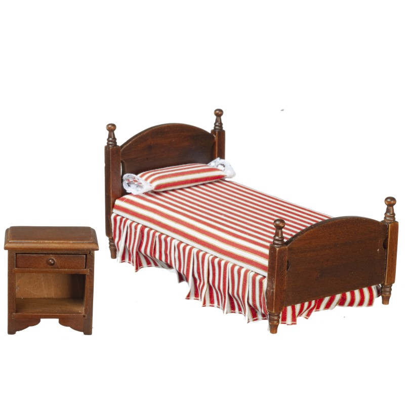 Dolls House Red Striped Single Bed & Bedside Table Miniature Bedroom Furniture