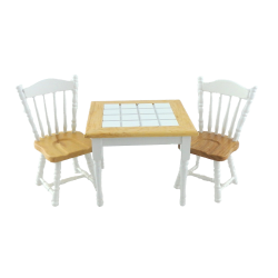 Dolls House White Light Oak Dining Table & 2 Chairs Miniature Furniture Set