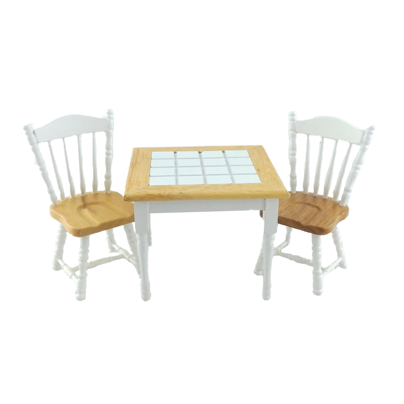 Dolls House White Light Oak Dining Table & 2 Chairs Miniature Furniture Set