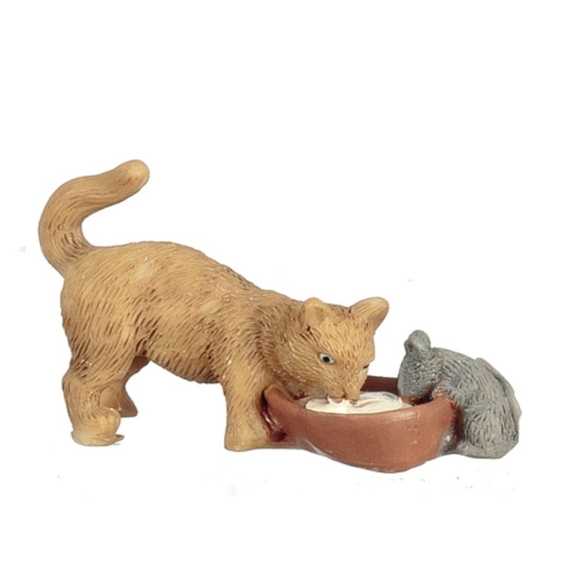 Dolls House Cat & Mouse Drinking Milk Miniature Pet 1:12 Scale