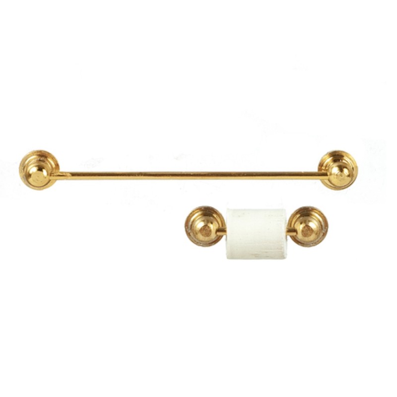 Dolls House Gold Brass Towel Rail Toilet Tissue Fittings Set Bathroom  Accessory