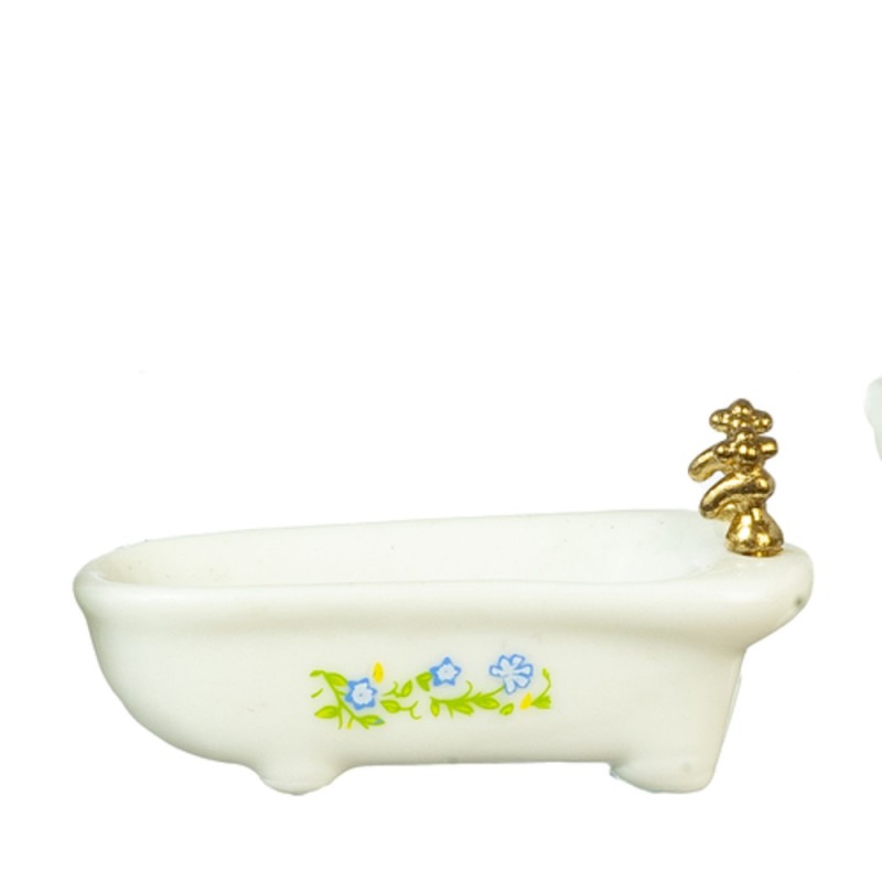 Dolls House White Bath Tub with Blue Flowers Miniature Furniture 1:24 Half Inch