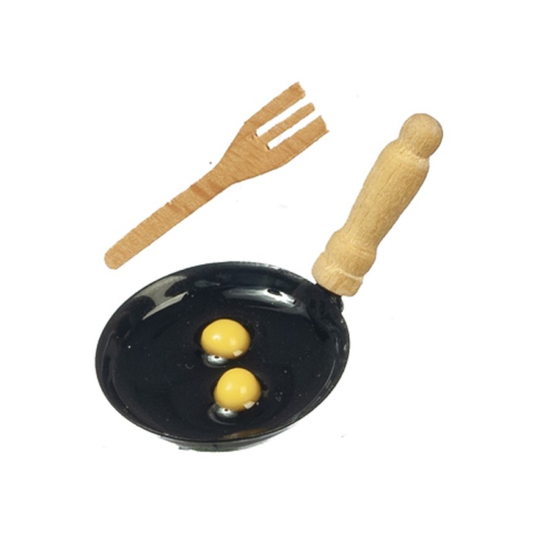 Dolls House Eggs in Frying Pan with Spatula Miniature 1:12 Kitchen Accessory 