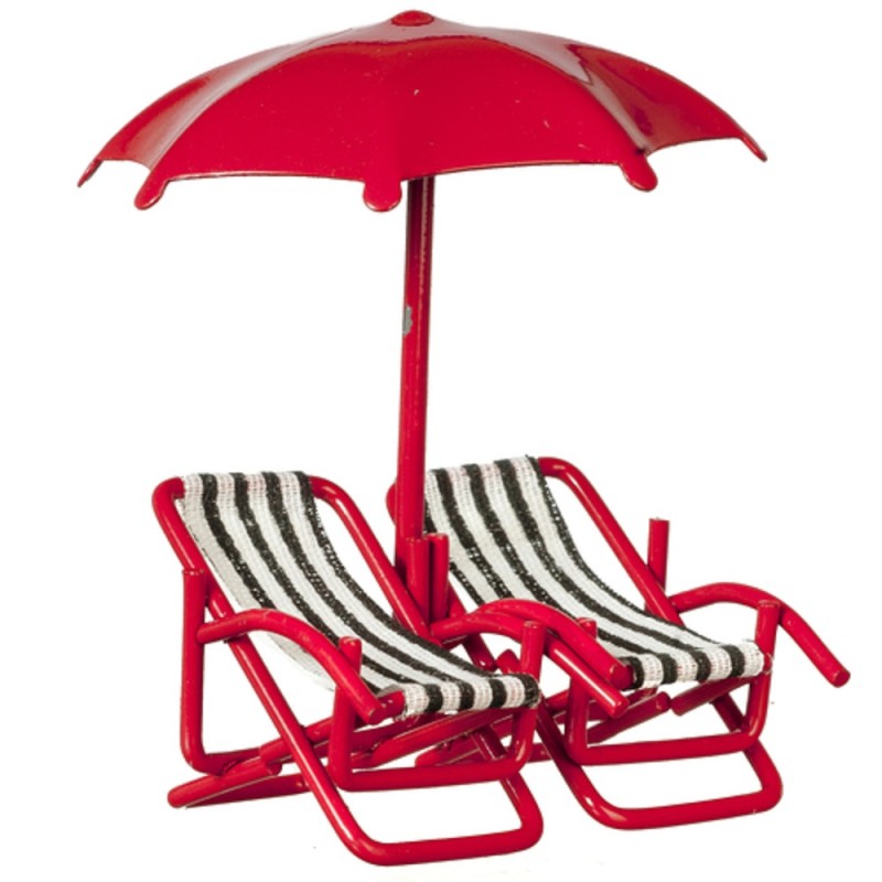 Dolls House Twin Deck Chairs & Umbrella 1:24 Half Inch Beach Garden Furniture