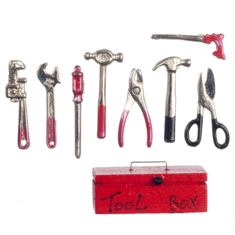 Dolls House Red Tool Box & Metal Tools Miniature Garden 1:12 Shed Work Accessory