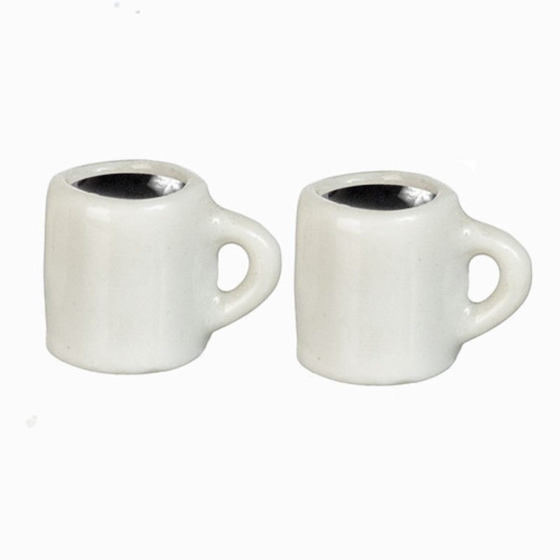 Dolls House 2 White Mugs Cups of Coffee Miniature Kitchen Dining Cafe Accessory