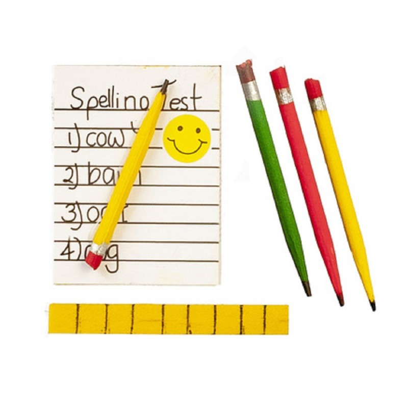 Dolls House Child's Spelling Test Ruler and Pencils 1:12 School Desk Accessory