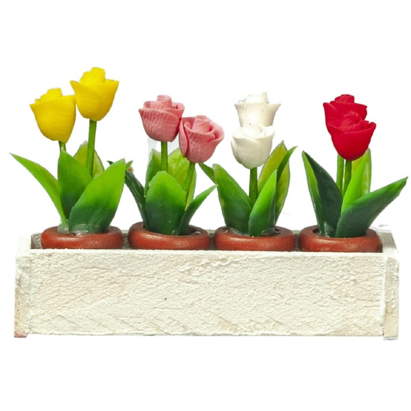 Dolls House White Window Box with 4 Pots of Roses Miniature Garden Accessory