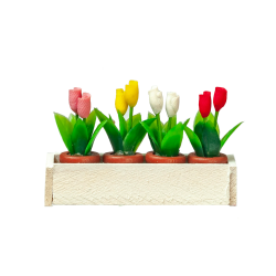 Dolls House White Window Box with 4 Pots of Tulips Miniature Garden Accessory