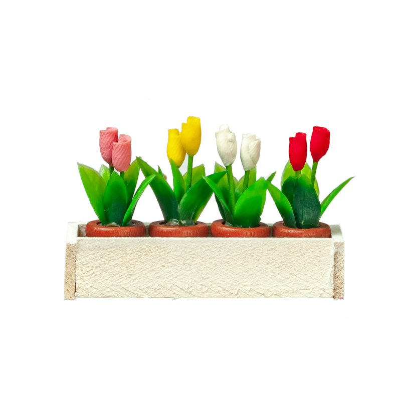 Dolls House White Window Box with 4 Pots of Tulips Miniature Garden Accessory