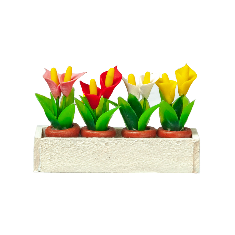 Dolls House White Window Box with 4 Pots of Lilies Miniature Garden Accessory