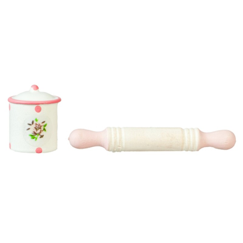 Dolls House Pink Rolling Pin and Cannister Miniature Baking Kitchen Accessory