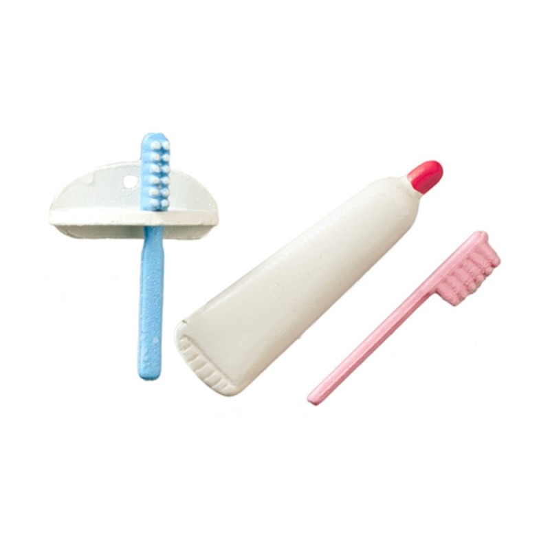 Dolls House Toothbrush Toothpaste and Holder Miniature Bathroom Accessory Set 