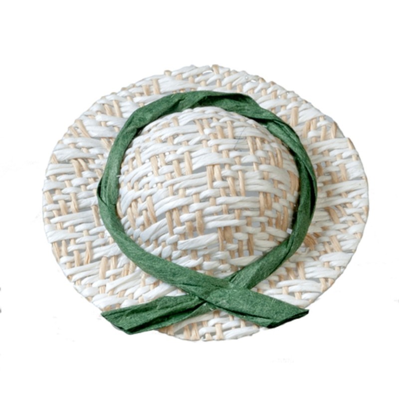 Dolls House Straw Hat Green Trim Miniature Garden Bedroom Hall Accessory