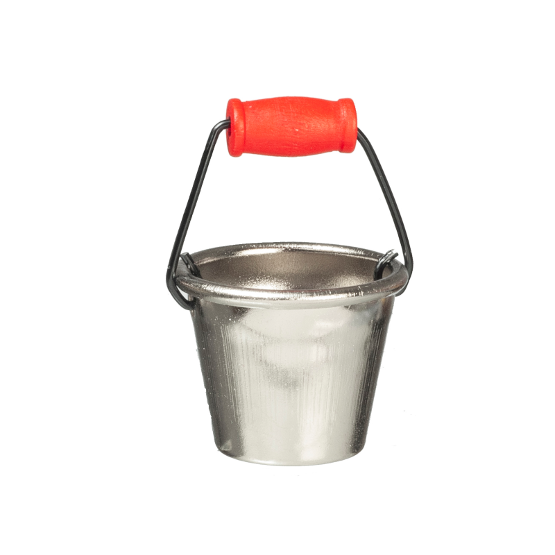 Dolls House Silver Bucket With Red Handle Miniature Kitchen Cleaning Accessory