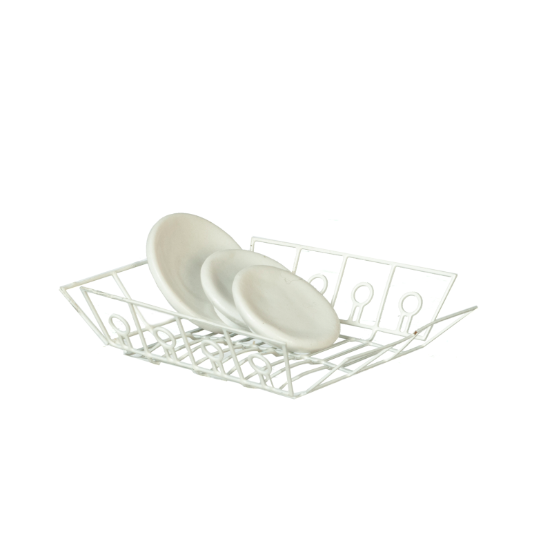 Dolls House White Dish Drainer & Plates Miniature Washing Up Kitchen Accessory